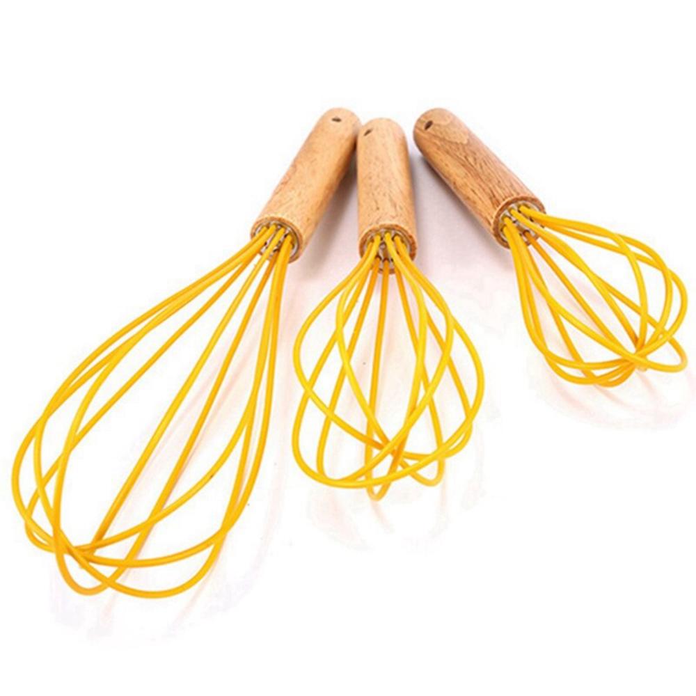Kitchen Baking Silicone Heat Resistant Manual Wooden Handle Blender Frother Whisk Mixer Egg Beater