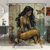 Fantasy Mermaid Polyester Shower Curtain,Water-Resistant Woven Fabric with Golden Fish and Bubbles,Distressed Wall Art Design