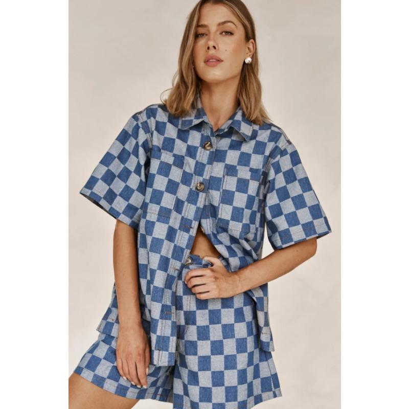 

VEZFAA Women s Fashion Casual Summer Spring Plaid Print Short Sleeve POLO Neck Trousers Pants Suits XL джинсовый синий