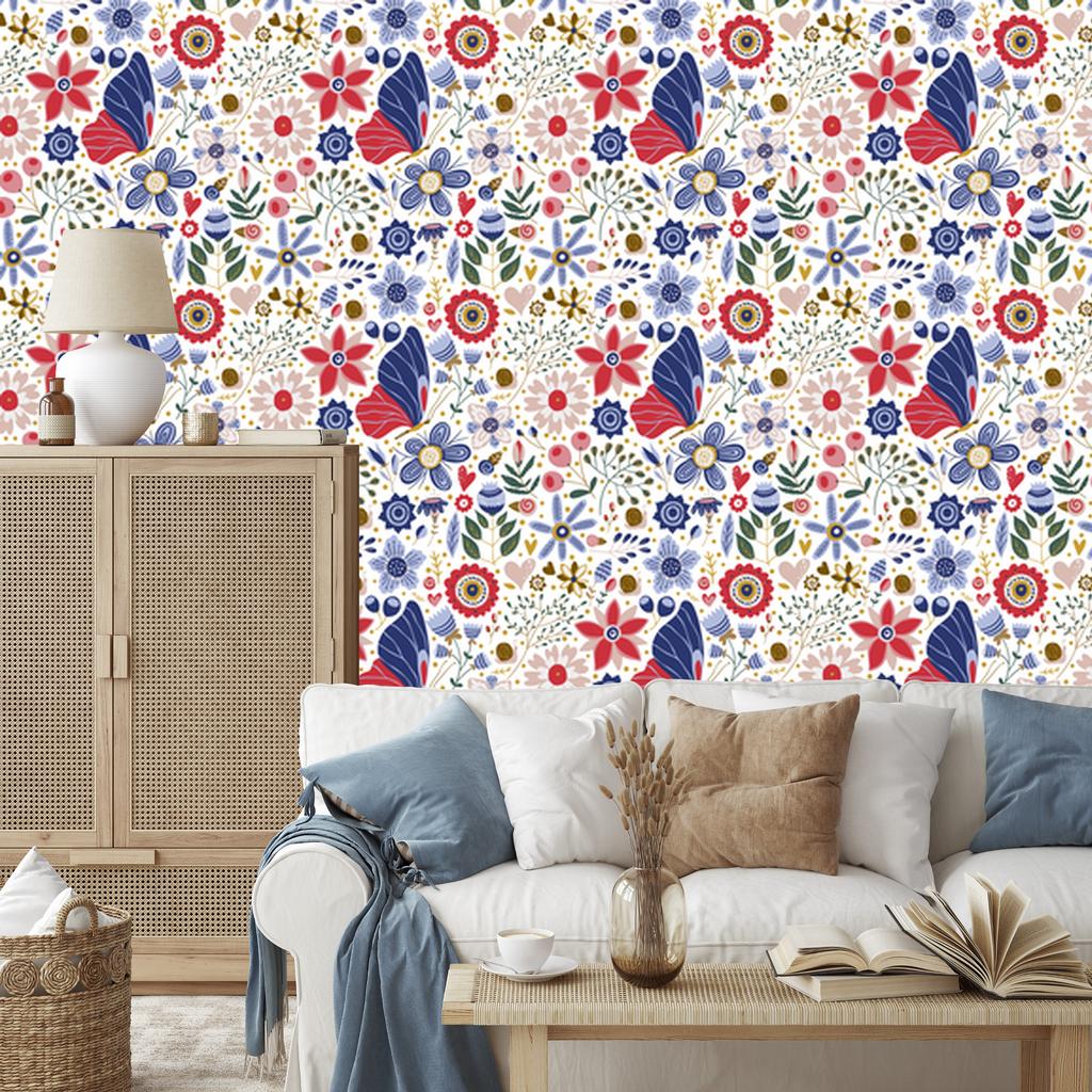 Folk Flowers Wallpaper White and Blue for Living Room and Bedroom 50x1000