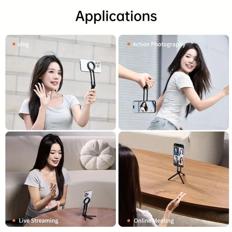 Foldable Magnetic Carabiner Phone Holder & Tripod for Live Streaming, Photos, Airplane & Desktop Use.