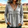 Women's Casual V-Neck Long Sleeve Color Cotton Linen Blouse for Everyday Wear