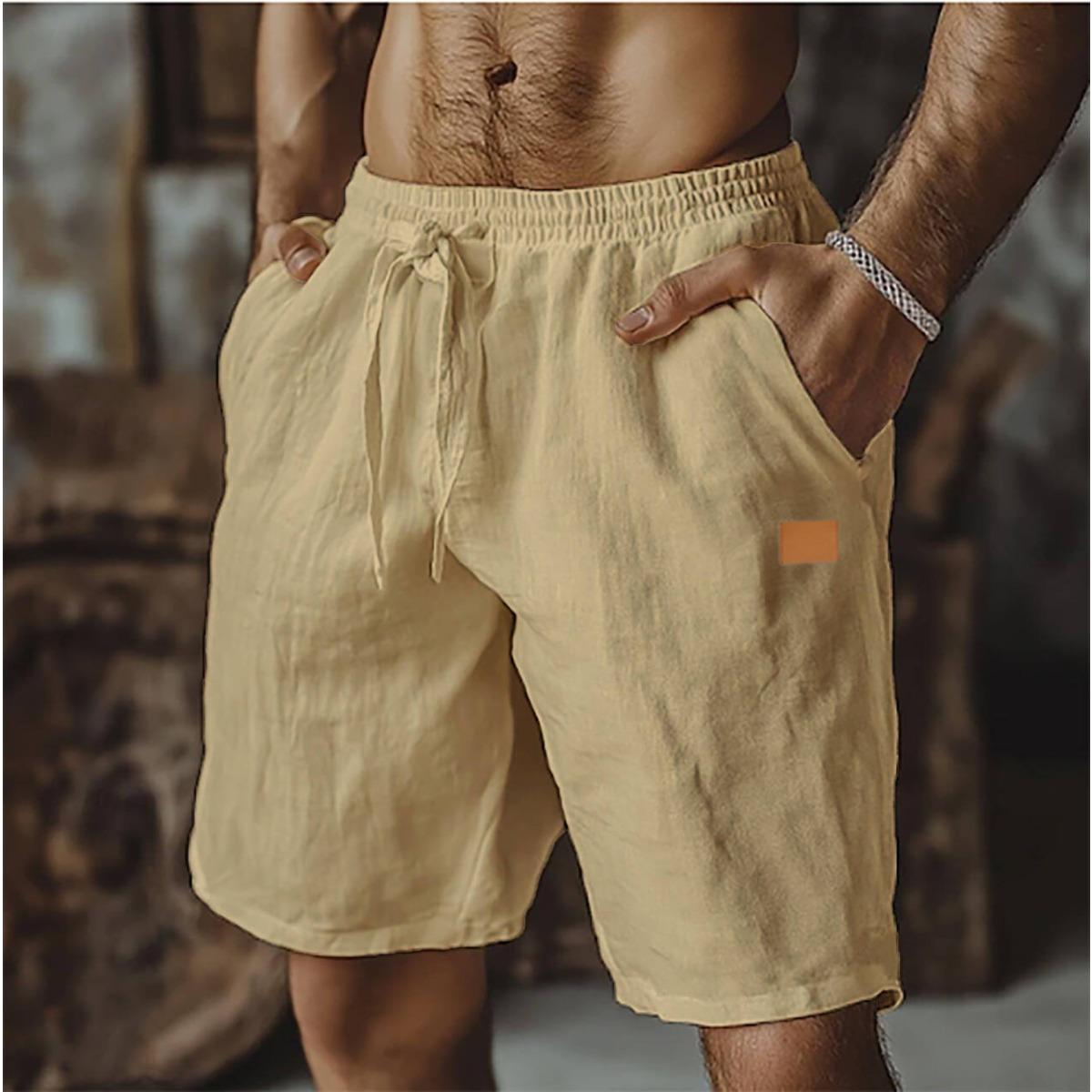 YiLi-Studio Heren Linnen Shorts Zomer Shorts met Trekkoord Zak, Elastische Tailleband, Effen, Comfortabel en Ademend, Casual Dagelijks Vakantie Mode Klassieke Stijl S kaki