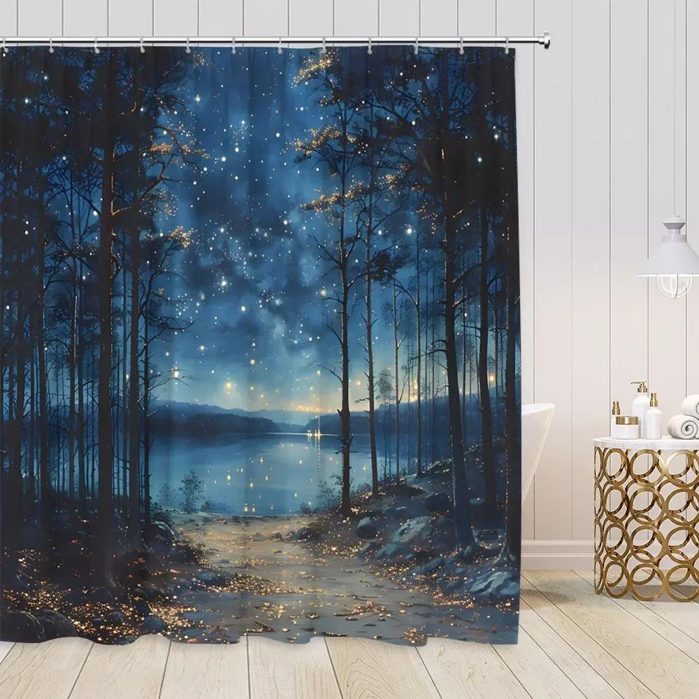 Starry Sky Night Forest View Shower Curtains Animals Fantasy Night View Pine Trees Bathroom Decorations Modern Bath Curtains