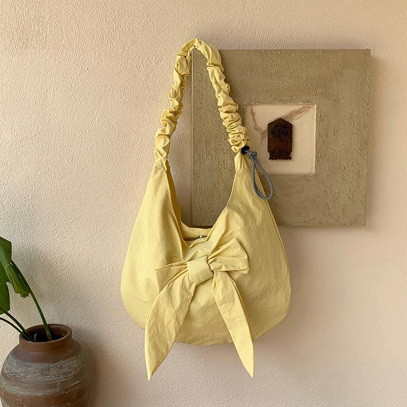 

Fashion Elegant Cute Bow Women Shoulder Bag Soft Nylon Ruched Strap Hobo Bags Ladies Large Capacity Casual Underarm Purse