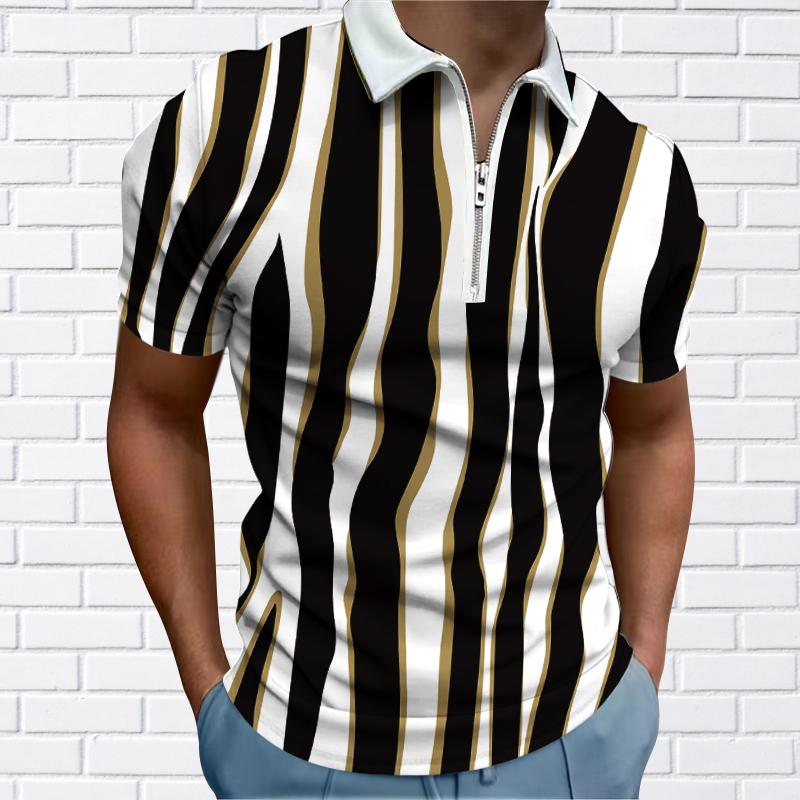 Men's Shirt Polo Casual Zip Short Sleeve Fashion Casual Zipper Summer Spring Regular Fit 3D Water Stripe Print Shirt