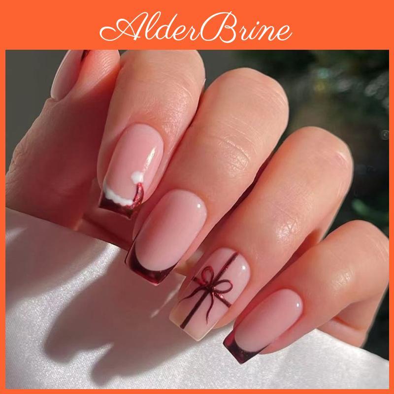24pieces Christmas French Glitters Red Press On Nail Short Square False Nail With Shine Finish For Holiday Party Gift
