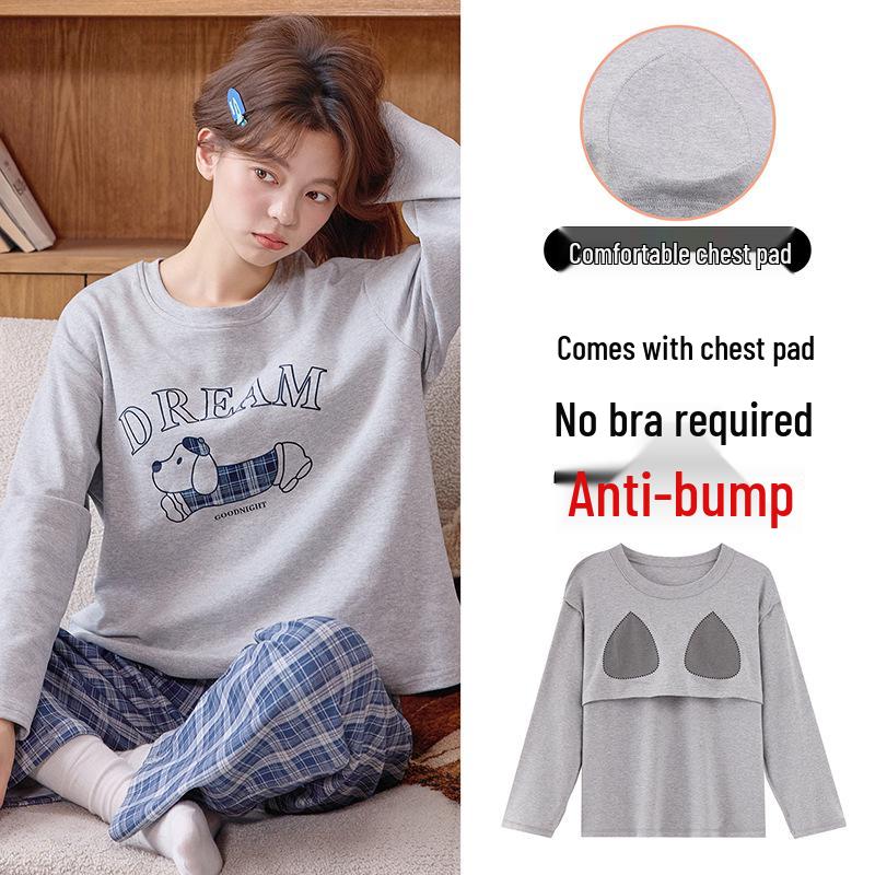 Piżama damska z długim rękawem i nadrukiem w kreskówkowe wzory, z wkładką na klatkę piersiową – uroczy komplet z okrągłym dekoltem do noszenia w domu lub na okrycia wierzchnie wiosną, jesienią i zimą