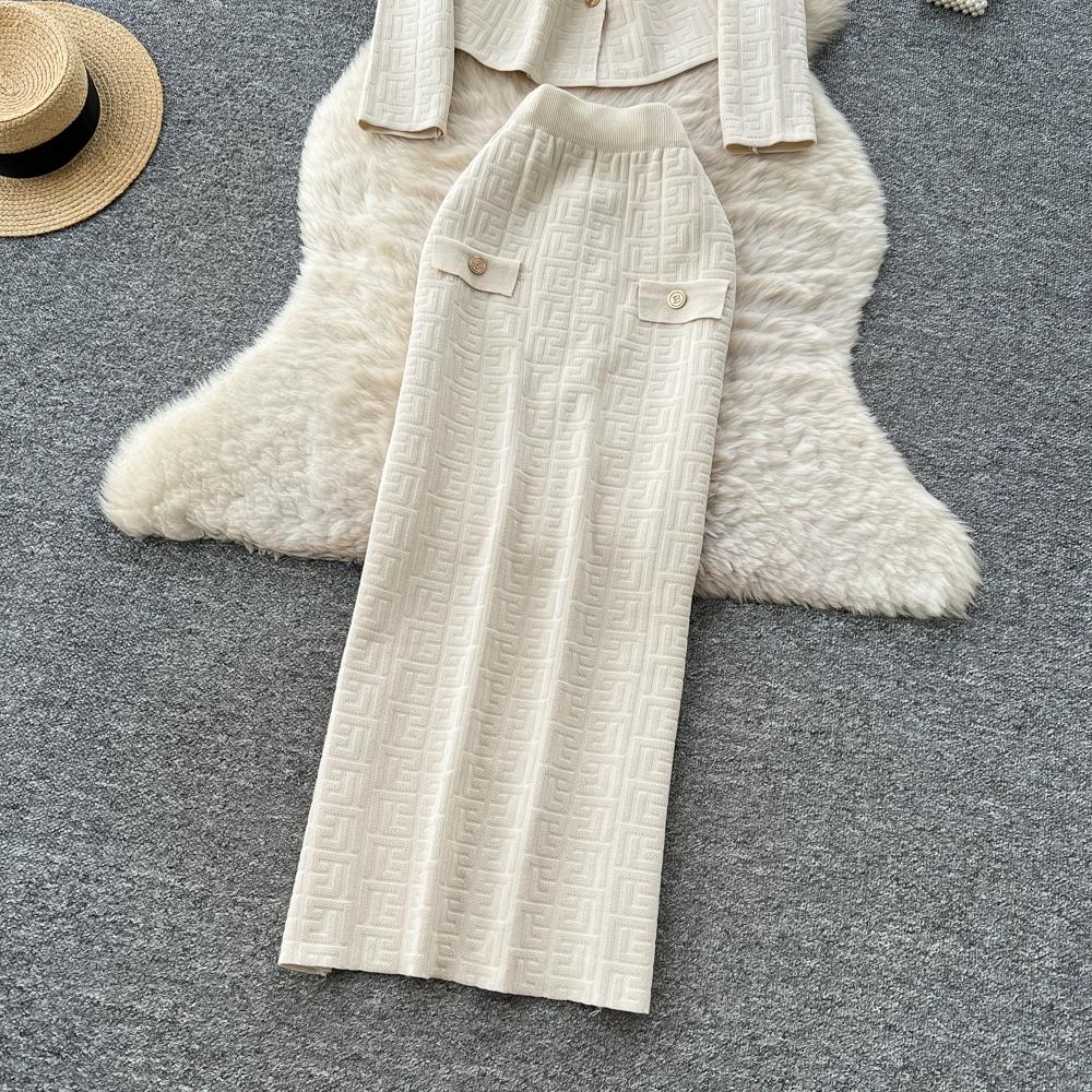 Autumn Winter Women Designer Knitted Sweater Two Piece Set Blazer Collar Cardigans Coat and Long Maxi Sheath Skirt Outfits With Belt