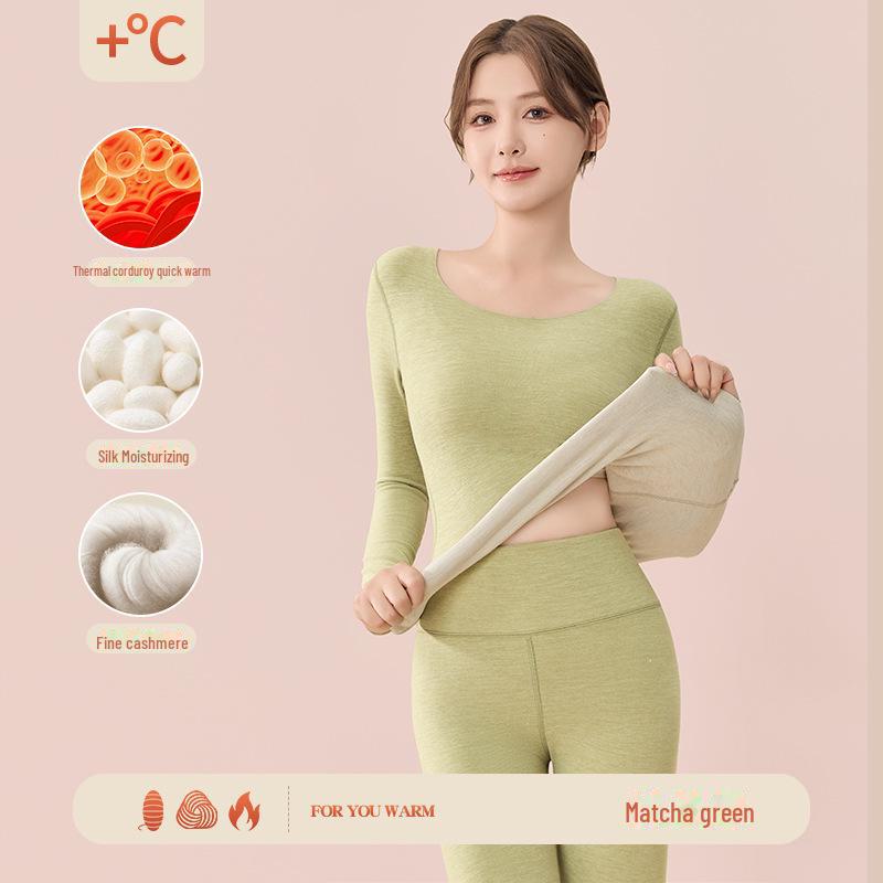 Women's 2024 German Wool Thermal Underwear Set: Seamless Cashmere Silk Shirt & Trousers with Velvet Lining for Autumn/Winter.