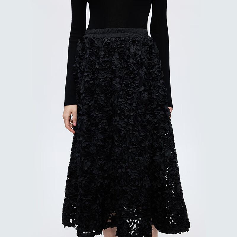 Lancy Black 3D Floral High-Waist A-Line Long Skirt