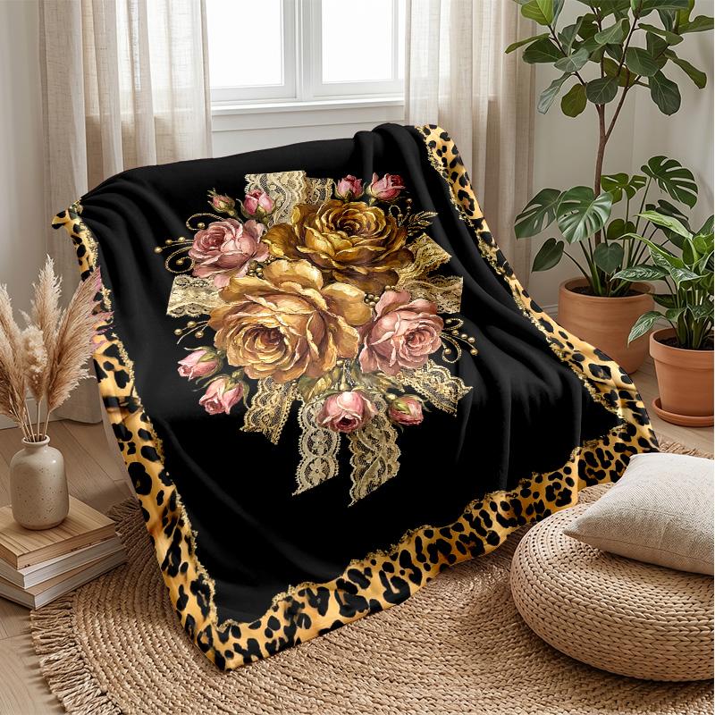 Leopard Roses and Bow Theme Blanket Lightweight Warm Flannel Blanket Decorative Throw Blanket for Home Decoration