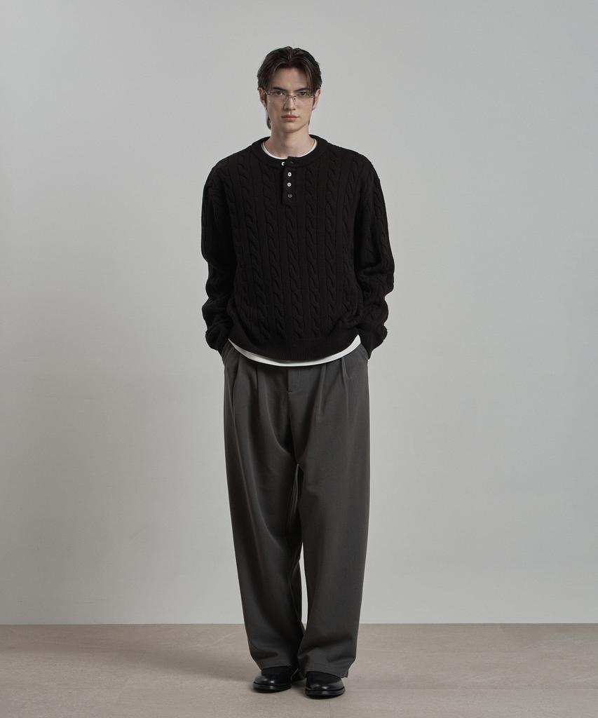 WORK ON BODY OFF Tord Semi-Overfit Cable Henley Neck Knit [Black]