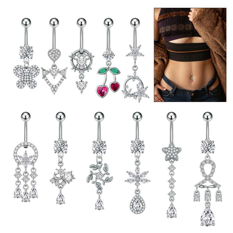 Heart Flower Long Pendant Belly Button Ring For Women Girls Body Piercing Belly Ring Stainless Steel Belly Button Ring