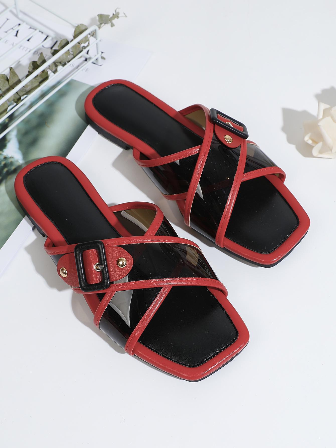 Korean Style Women s Square Toe Cross Strap Leather Retro Flat Slippers 42