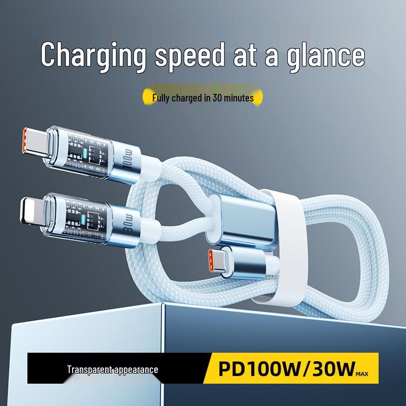 PD100W Transparent Flash Charging Cable for iPhone 14/12 with Light Data Connector