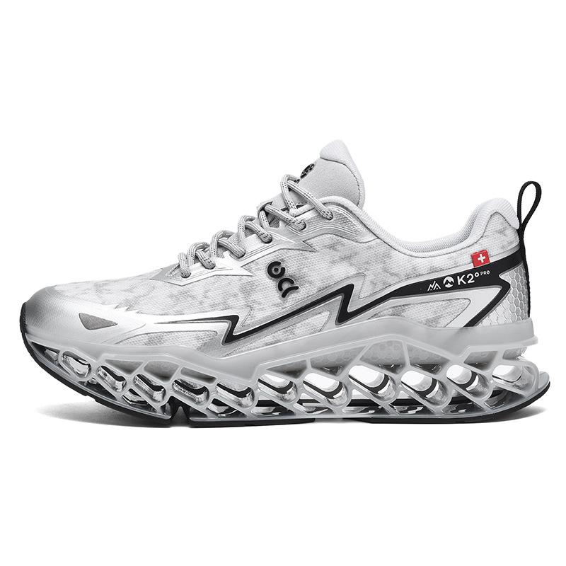 New Summer Men's D-print Blade Running Shoes, Mesh Breathable, Laces-free, Thick-soled Shock-absorbing Sports Shoes