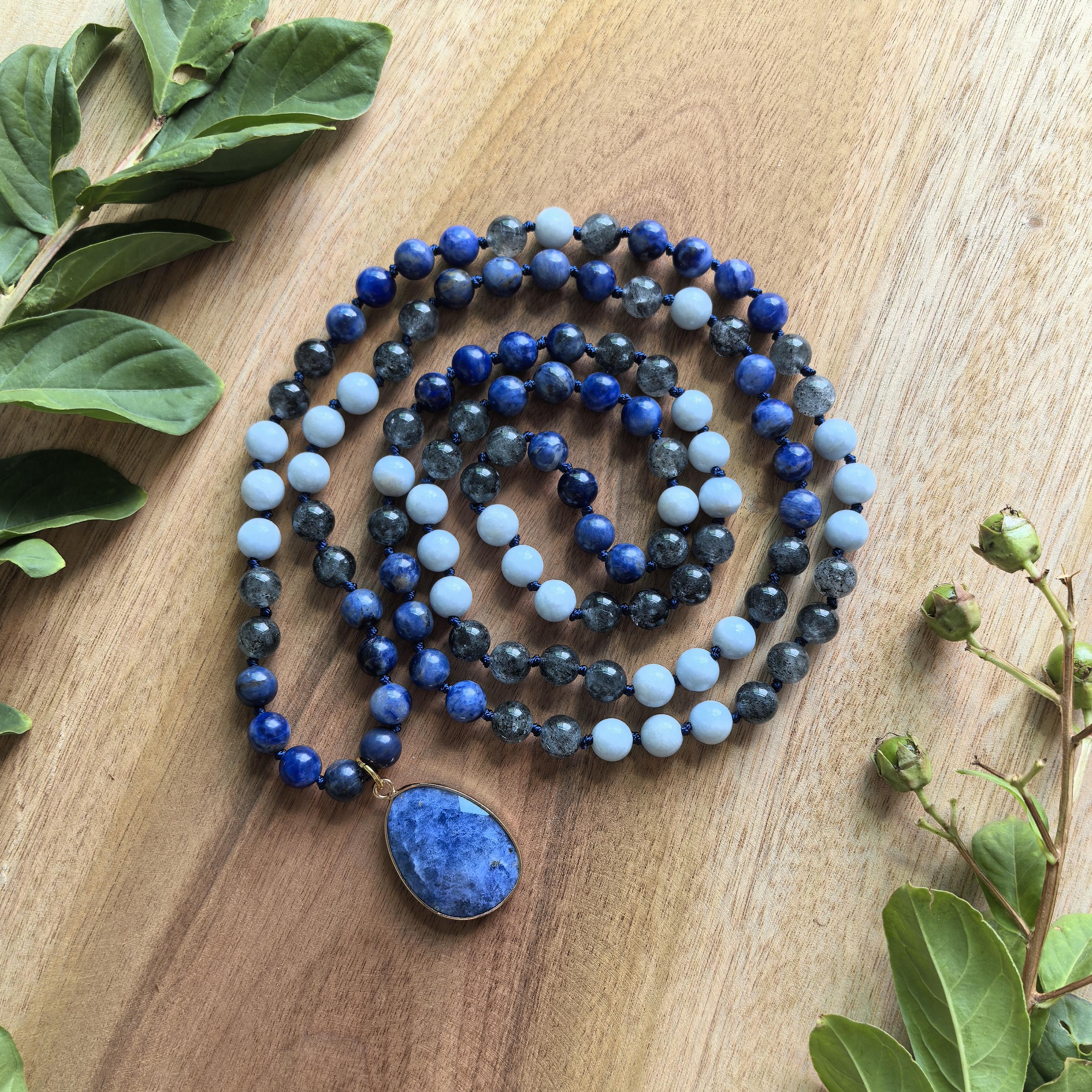 Black Lepidolite,Aquamarine Mala with Sodalite Pendant,108 Hand Knotted Healing Meditation Beads,Yoga Necklace,JapaMala Gift