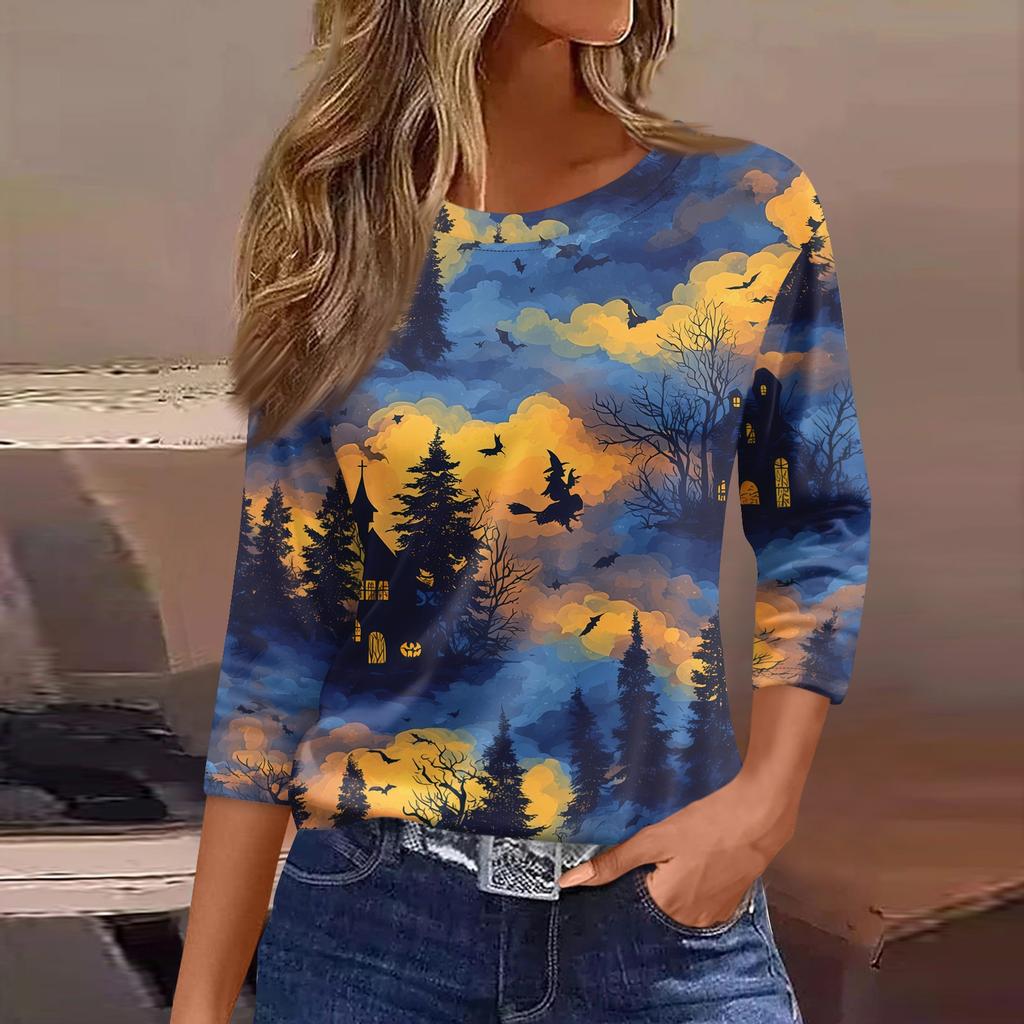 Women's 3/4 Sleeve Loose Fit Casual Shirt Round Neck Halloween Print Top Comfortable Lightweight Fabric Suitable for Everyday Wear