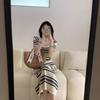 Striped Knit Midi Dress Women - Slim Fit High Waist Short Sleeve Bodycon With Square Neck