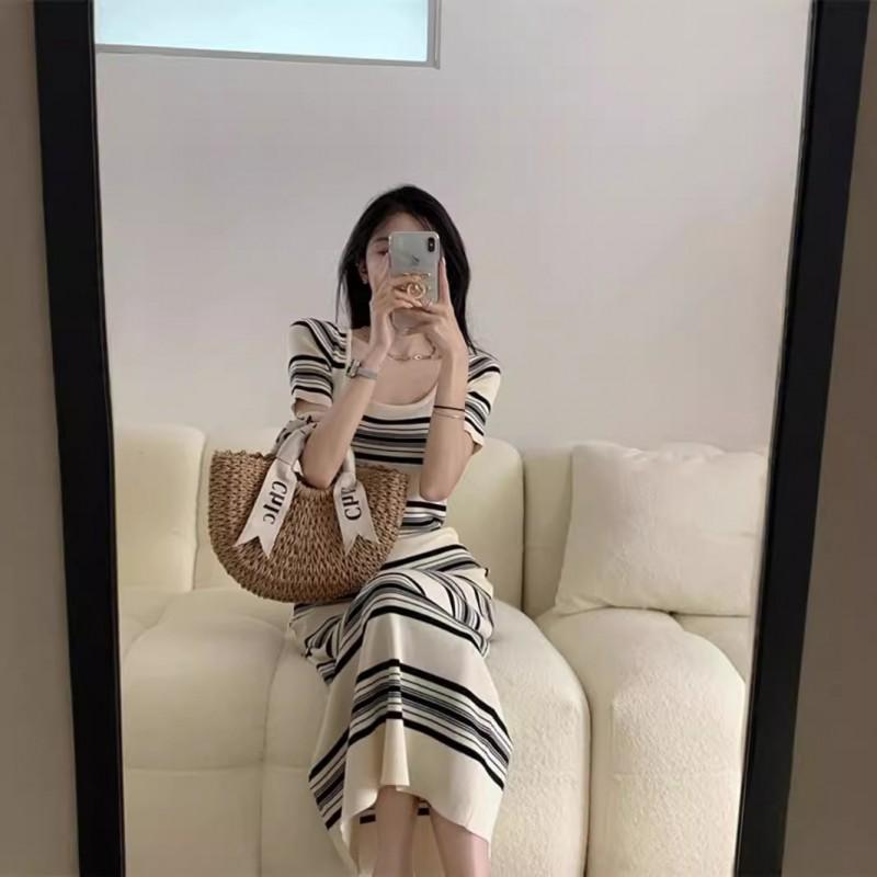 Striped Knit Midi Dress Women - Slim Fit High Waist Short Sleeve Bodycon With Square Neck