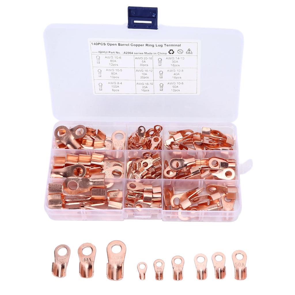140pcs Open Barrel Wire Crimp Terminal 9‑Type Copper Ring Lugs Connector Universal for Cars