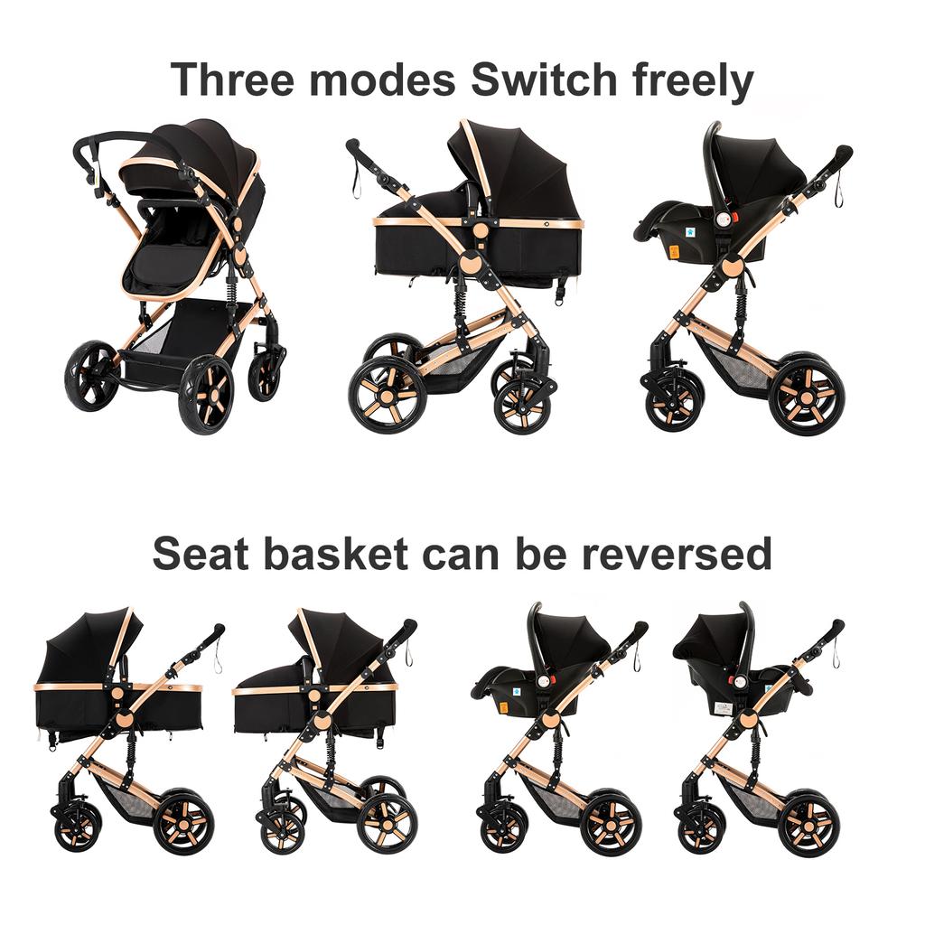 Portable 3-in-1 Baby Stroller High View Pram Foldable Pushchair Lightweight Travel System Buggy Newborn with Car Seat Carriage
