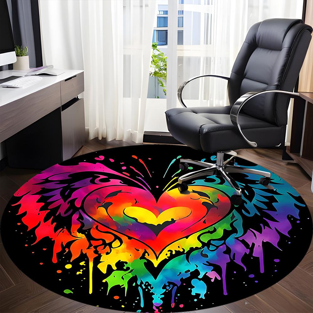1PC Heart Rainbow Office Round Area Rug, Mat Suitable ForOffice, Under Office Chairs Bedroom Living Room Home Decor, Room Deco