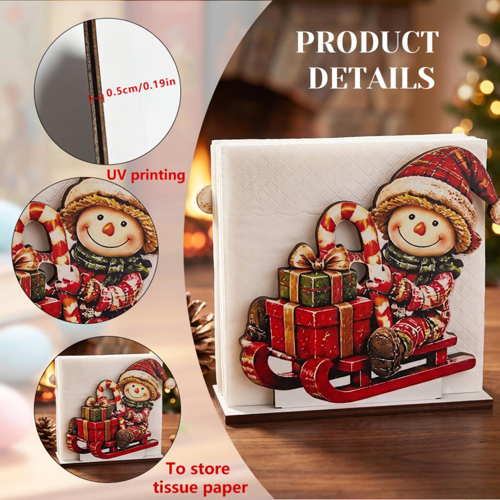 Christmas Wooden Napkin Holder with 3D Snowman Design, Festive Holiday Tabletop Decor for Dining and Kitchen
