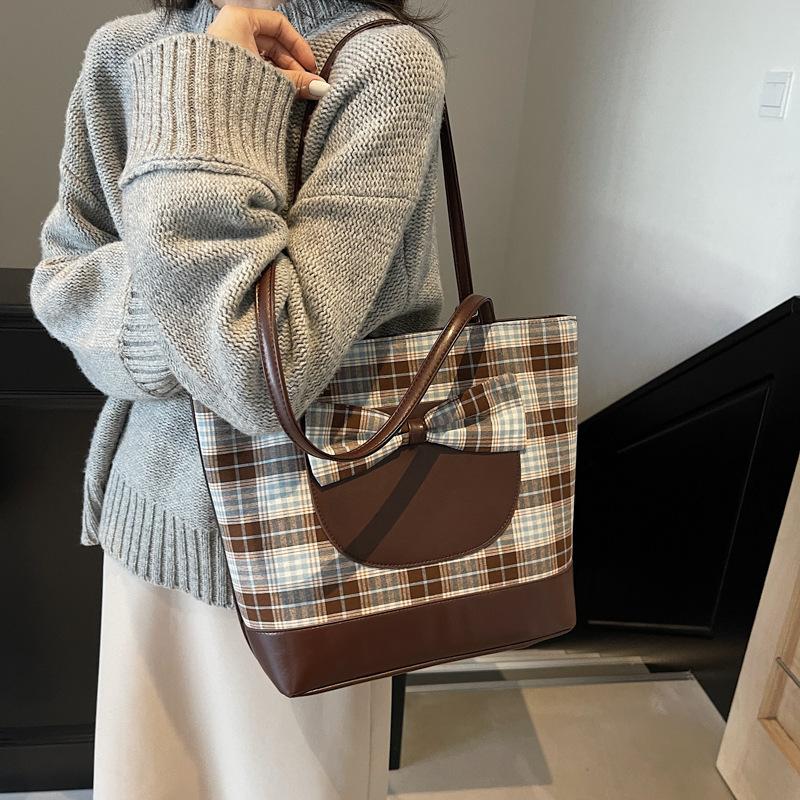 Premium Sense Large Capacity Backpack Bag Women'S Fashion Plaid Shoulder Bag Bow Cute Tote Bag