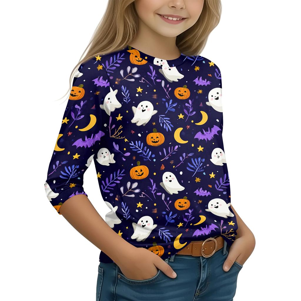 Kids Casual Long Sleeve T-Shirt with Halloween Print Round Neck for Party Costume