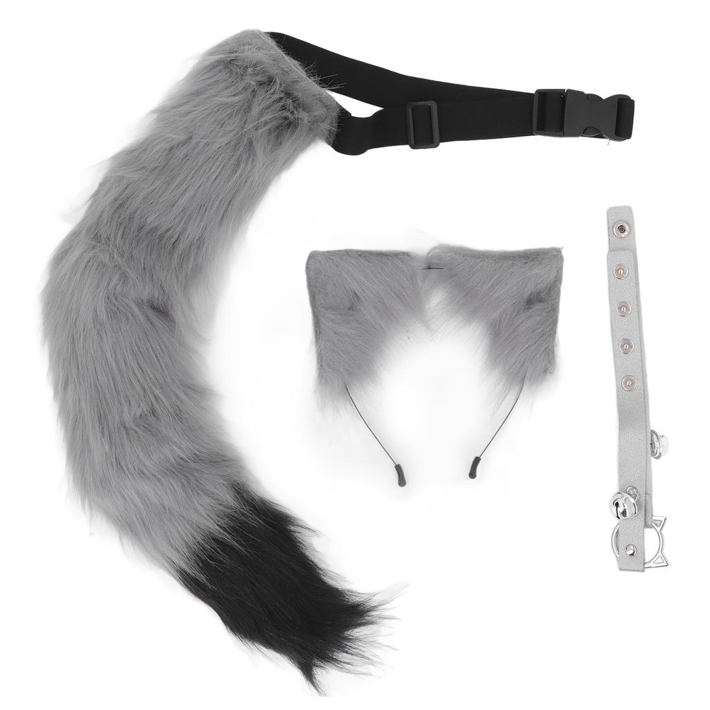 Cat Ears and Wolf Animal Tail Cosplay Costume Faux   Hair Clip Headdress Halloween Leather Neck Chocker Set Animal Cosplay Party Costume
