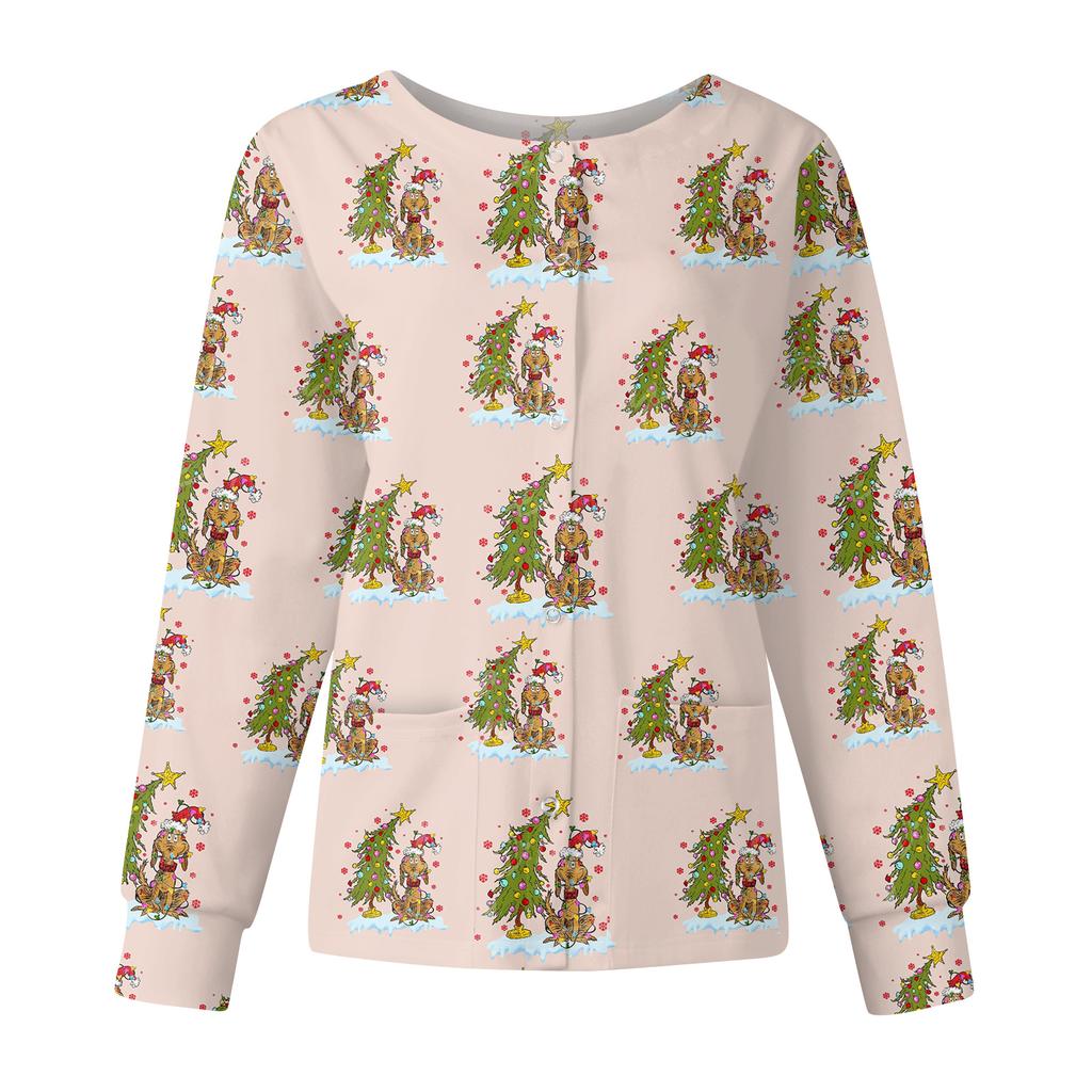 Women's Casual Fashion Long Sleeve Standing Collar Single Breasted Christmas Print Workwear Jacket Tops