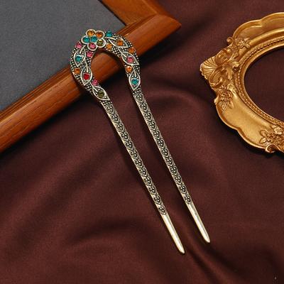 Vintage Haarschmuck Antik Bronze vergoldet Haarnadeln U Form Haarstab Pin Damen Strass Blumen Haar