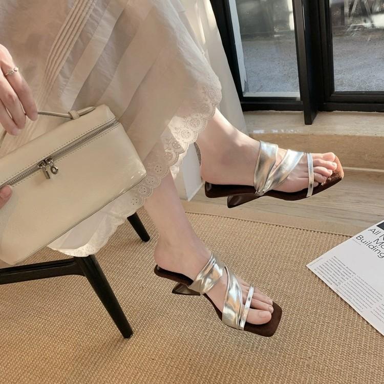 

Leather high-heeled temperament square head with open-toed thick heel wedge heel cool slippers women 40