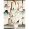 1116 set European and American women's clothing printed neck V-neck sleeveless casual pants set