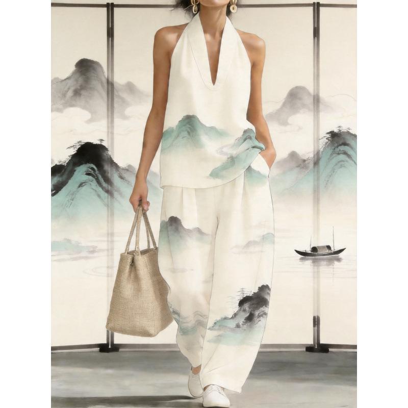 1116 set European and American women's clothing printed neck V-neck sleeveless casual pants set