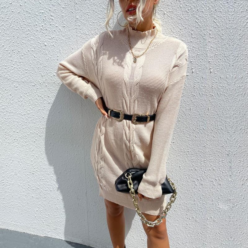 

Повседневные модные и элегантные осенне-зимние свободные женские однотонные платья-свитера с длинными рукавами и полувысоким воротом L абрикосовый