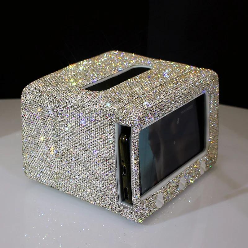 Sparkling Rhinestone Tissue Box Phone Holder Small TV Style Bling Home Desk Decor Tissue Storage Box Napkins Holder Gifts