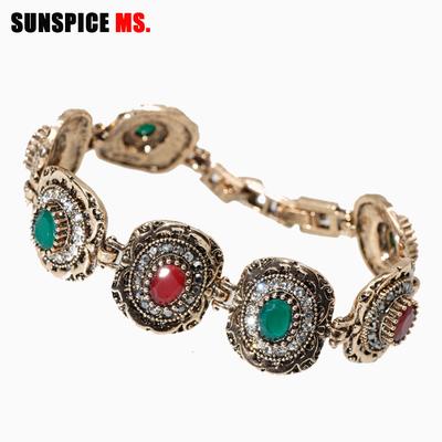 Bracelet à Maillons Vintage en Cristal Sunspicems pour Femmes Couleur Or Antique Résine Ronde Bohème Ethnique Bijoux de Mariage Cadeau pour Ami(e)