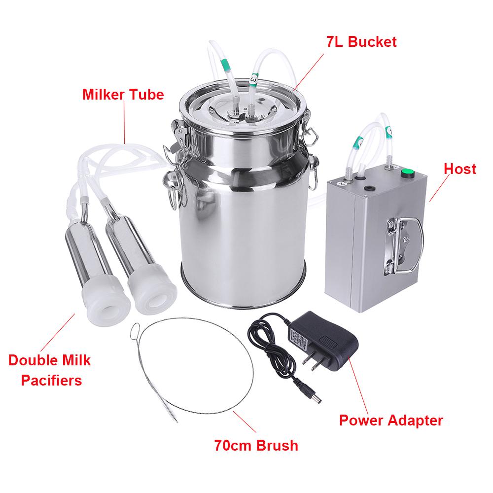 110V Electric Milking Machine 7L Rechargeable Cow Goat Sheep Milker Stainless Steel Bucket Double Heads Hose With Restriction Valve
