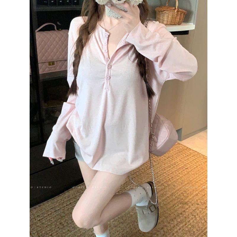 Kumikumi Idle Style Design Single-Breasted Long sleeves Shirt Women Early Autumn Loose All-Match Solid Slimming Top
