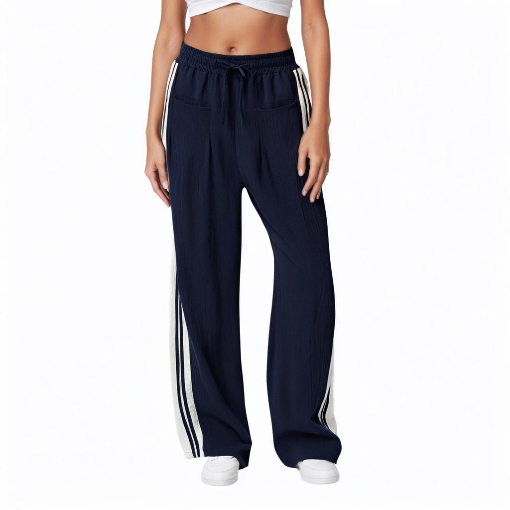 Women's Striped Side Loose Pants, Casual Waist Cinched Slanted Pocket Loose Pants