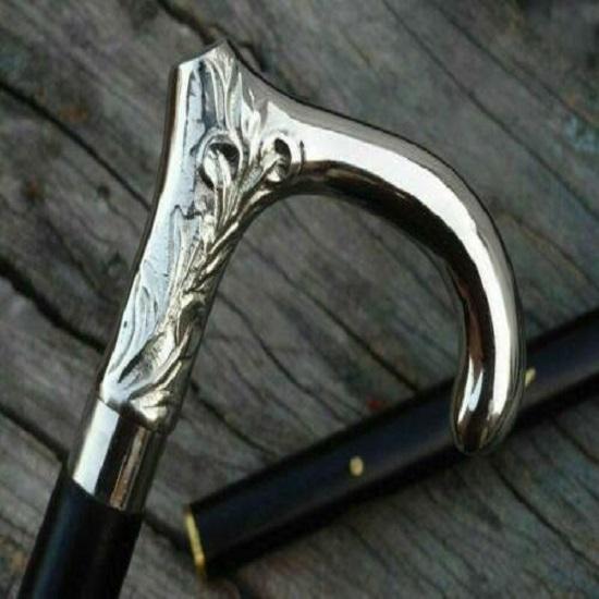 Solid Silver Brass Handle Antique Victorian Cane Wooden Walking Stick Women and Men Style Adult Unisex Design