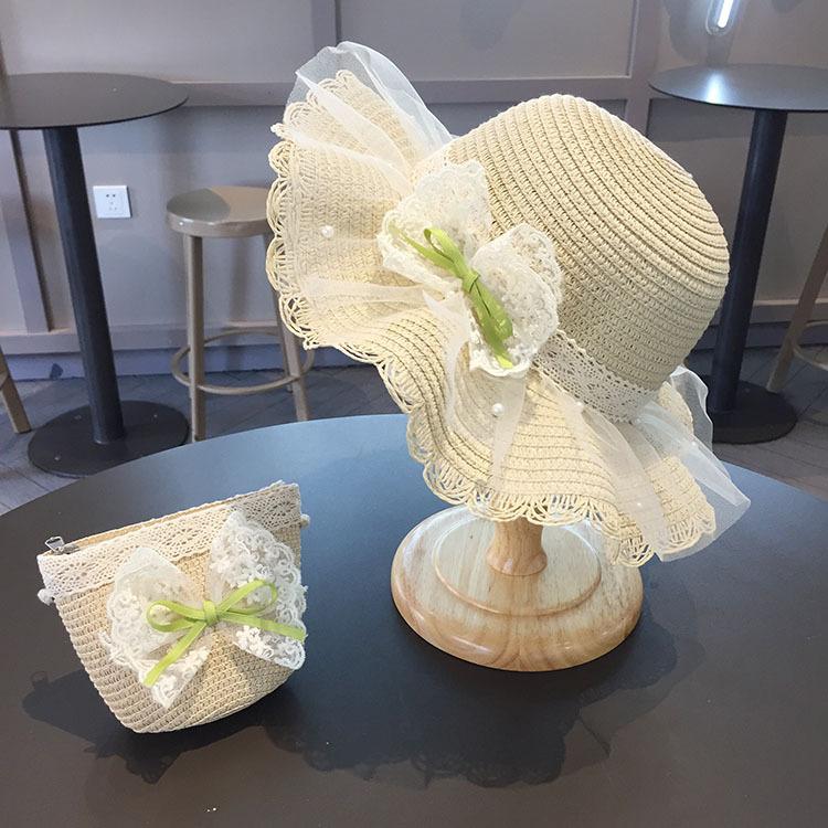Summer girls  lace pearl green bow princess-style wide-brimmed sun hat fishing hat straw hat