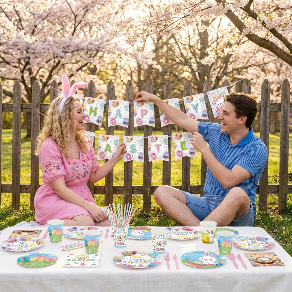 Ostern-Thema Party Party Ostereier-Druck Einweg-Pappteller, Taschentuchbecher Tischgeschirr-Set