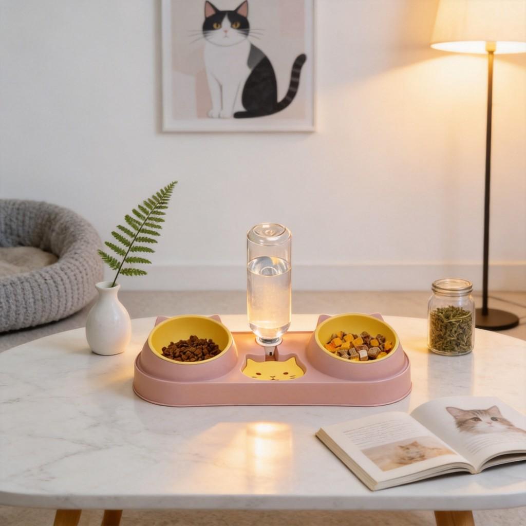 Pet Cat Food And Water Bowl Set With Antispill Design For Home Use