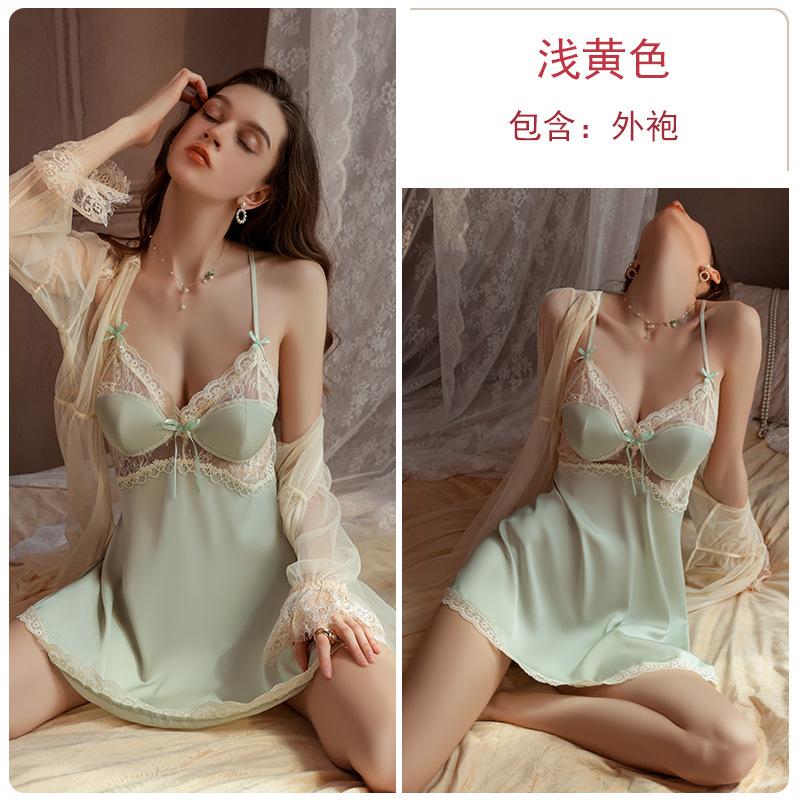Women's Plus Size Push Up Padded Backless Cami Sleep Dress with Long Robe Lounge Set