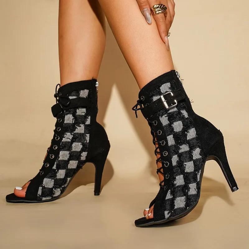 Fashion Women High-heeled Cool Boots Fashion Pointed Summer Ankle Boot Open Toe Fish Mouth Cool Boots for Women Lace Up Canvas Cool Boot