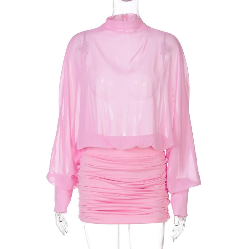 Autumn new sexy solid color long-sleeved semi-turtleneck chiffon perspective splicing European and American style dress